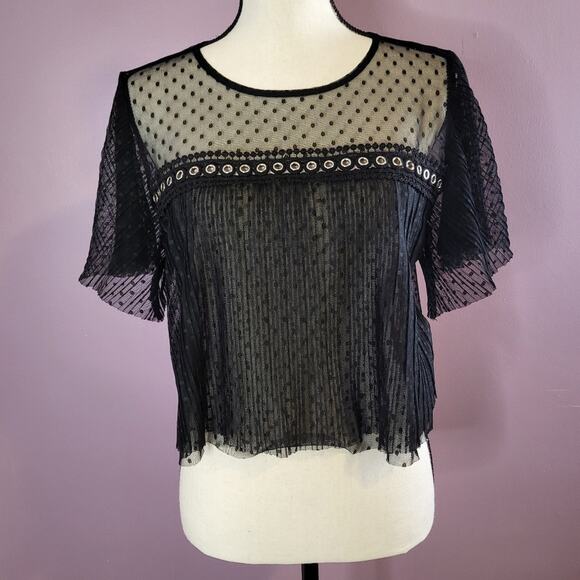 Forever 21 Tops - Forever 21 *Flawed* Pleated Sheer Mesh Polka Dot Crochet Lace Grommet Crop Top
